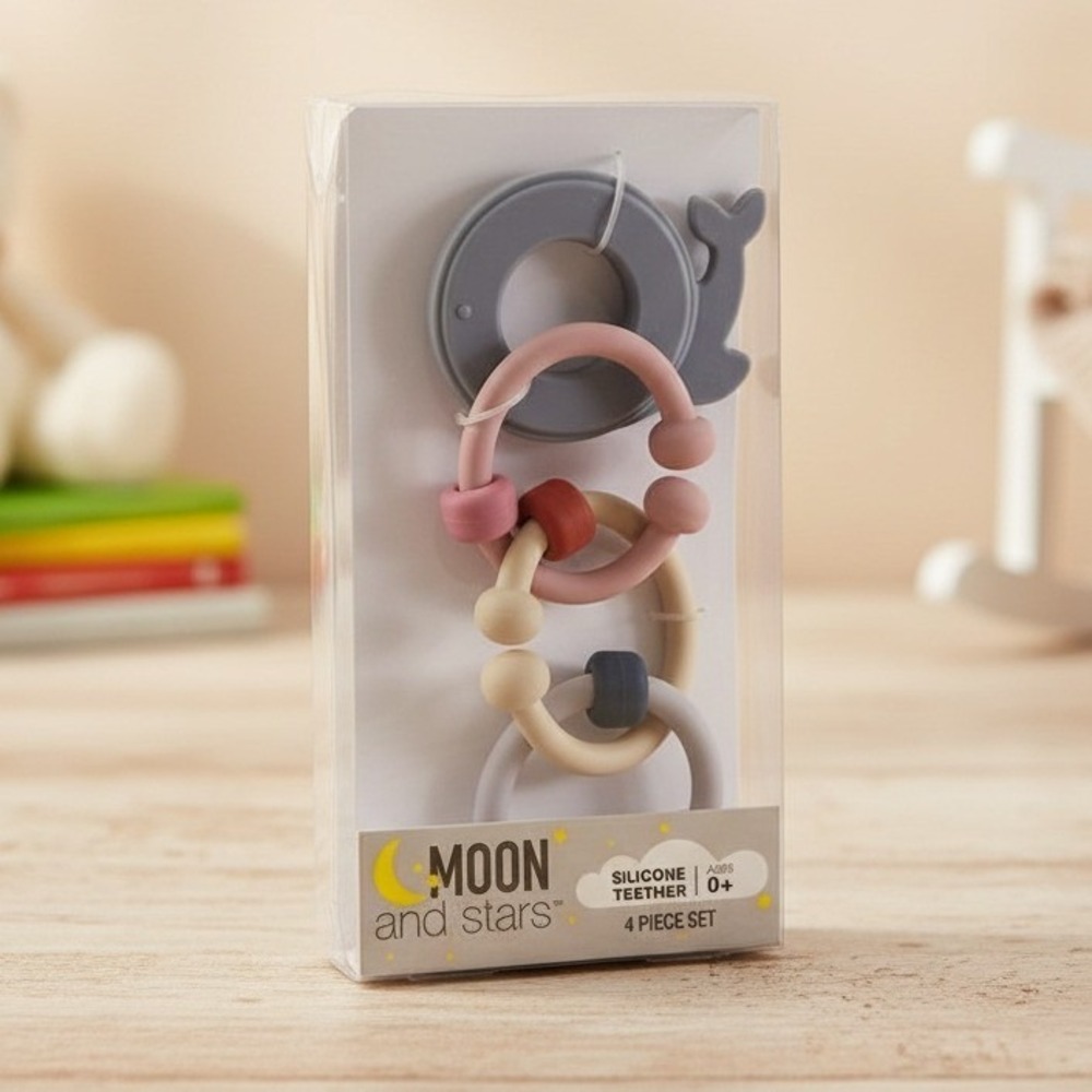 Moon and Stars Silicone Baby Teether Set - 4 Pieces - New in Package